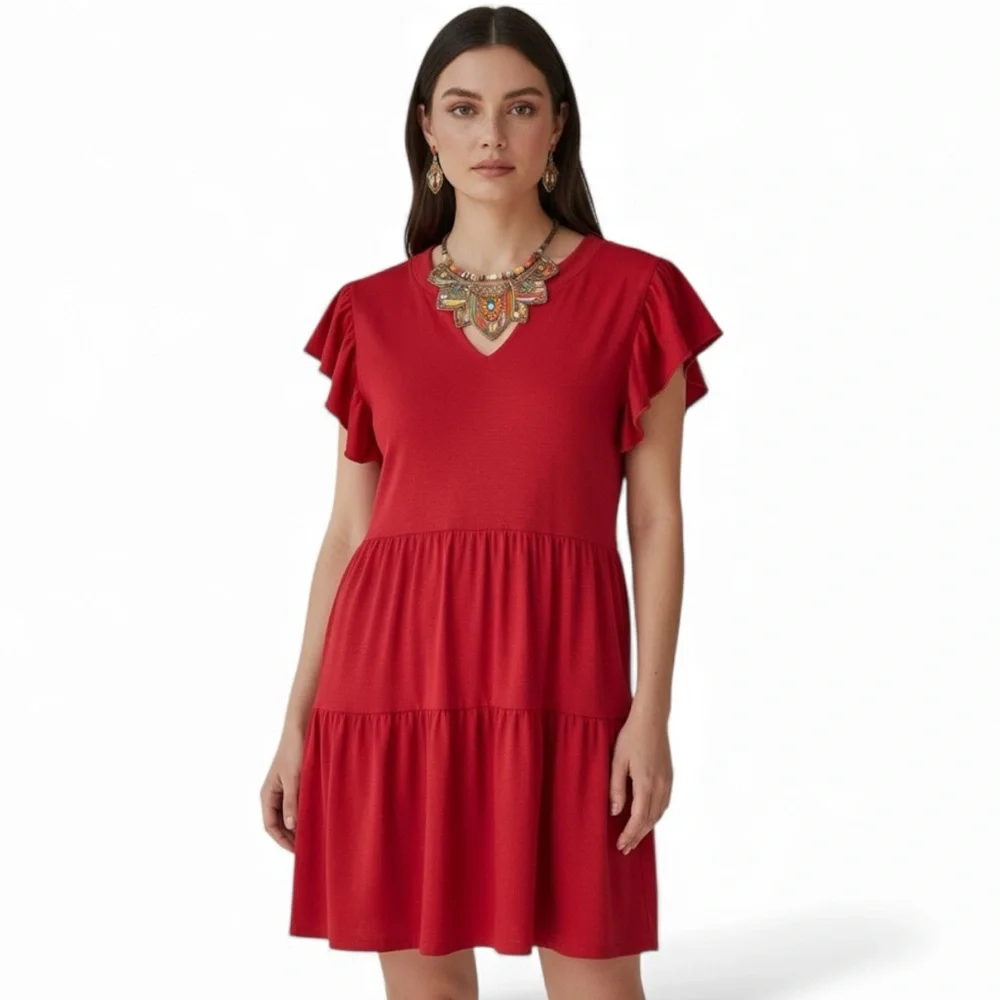Source Unknown Red Ruffle Sleeve Mini Dress - Picture 2 of 12